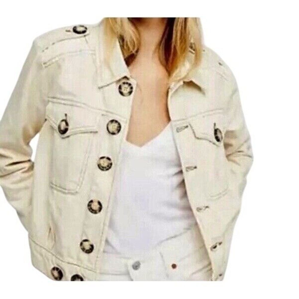 Free People Cream Cropped Denim Jacket Military Button Front XS Off White Cotton